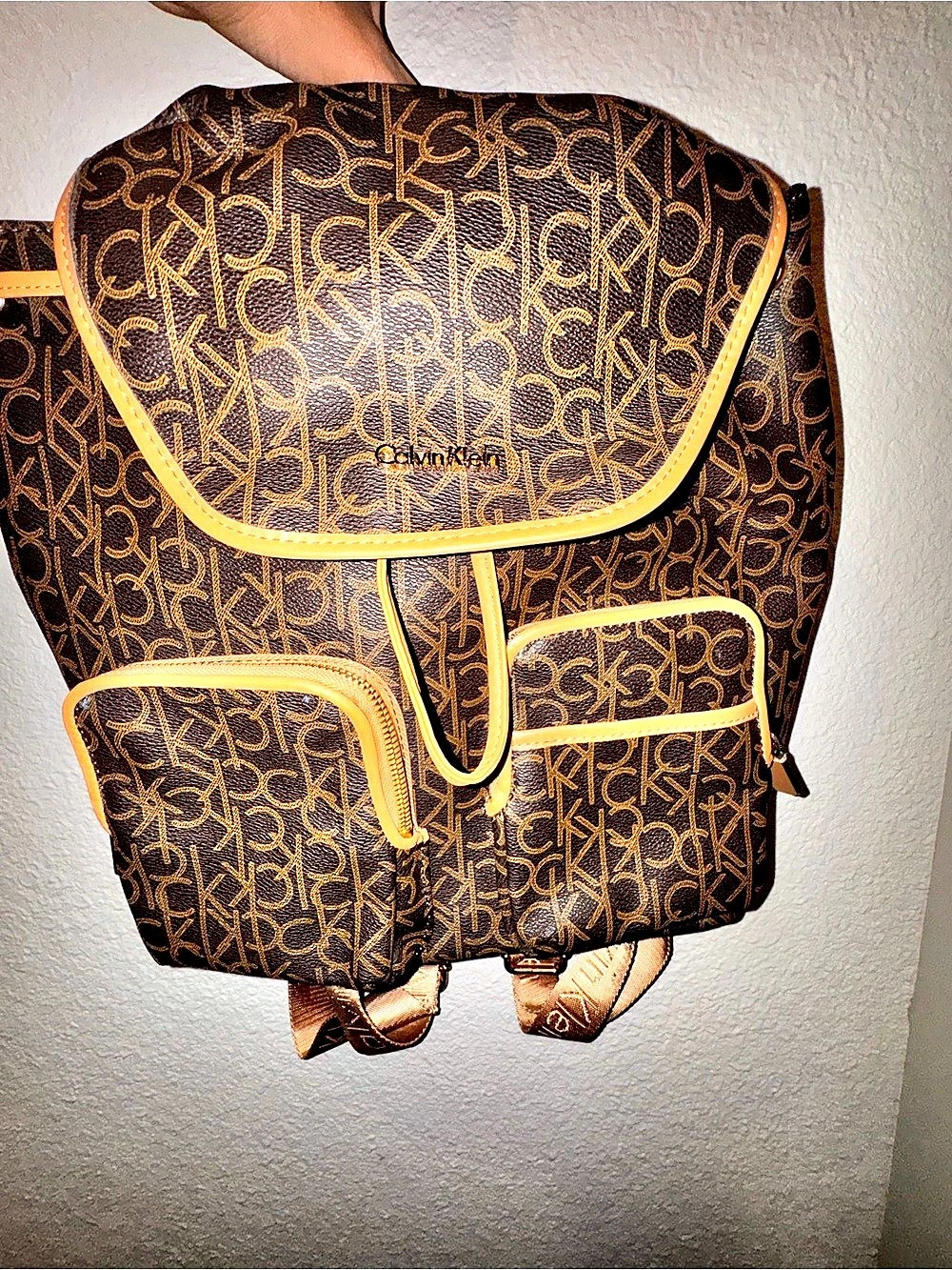Calvin Klein Monogram Logo Faux Leather Backpack Brown & Gold
